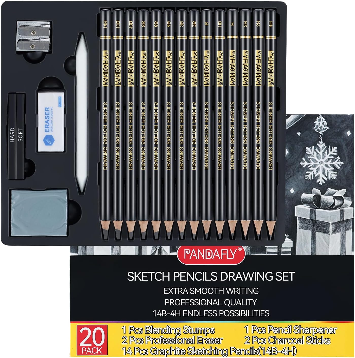 PANDAFLY 20-Piece Professional Sketch Pencil Set - Includes 4H to 14B Graphite Pencils, Charcoal Sticks, Vinyl Eraser, Kneaded Eraser, Sharpener, Blending Stump - Ideal for Artists and Beginners