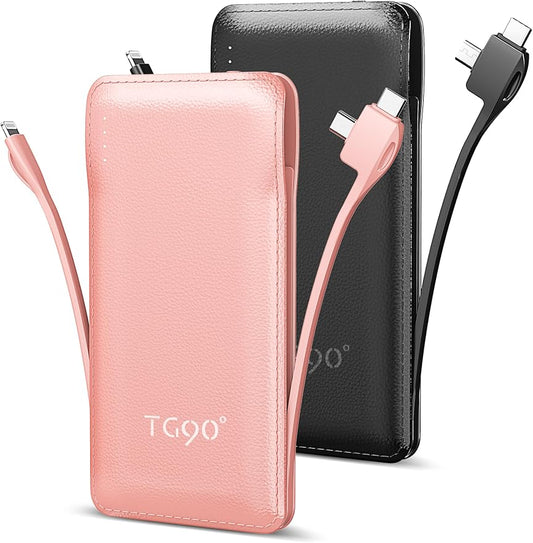 TG90° 2 Pack 10000mAh Portable Charger Slim Power Bank with Built in Cables,Travel Charger Cell Phone External Battery Pack,4 Output External Battery Pack Compatible with iPhone and Android Devices