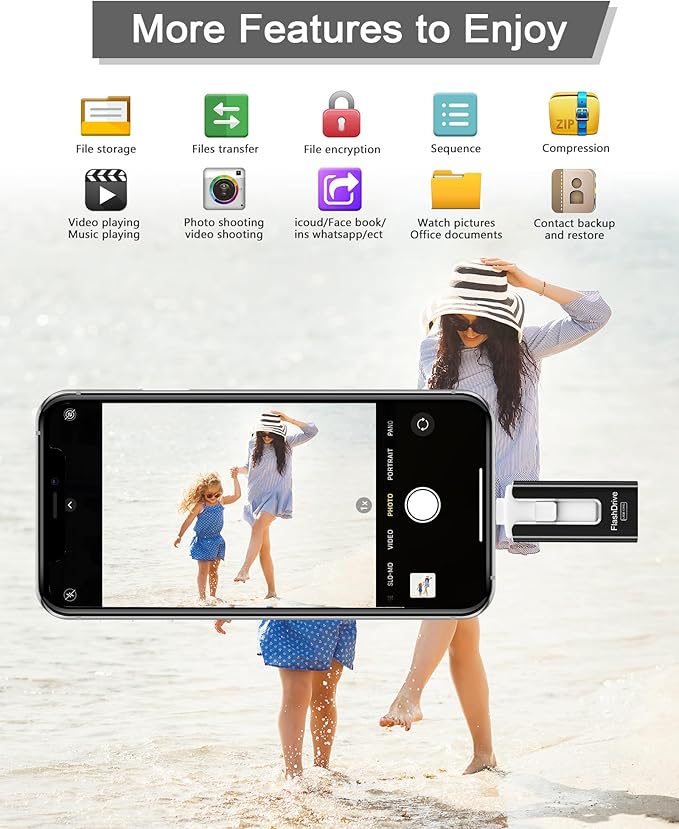 256GB USB Flash Drive for Phone and Pad, Photo Stick High Speed External USB Thumb Drives Photo Storage Memory Stick for Save More Photos and Videos (Black, 256GB)