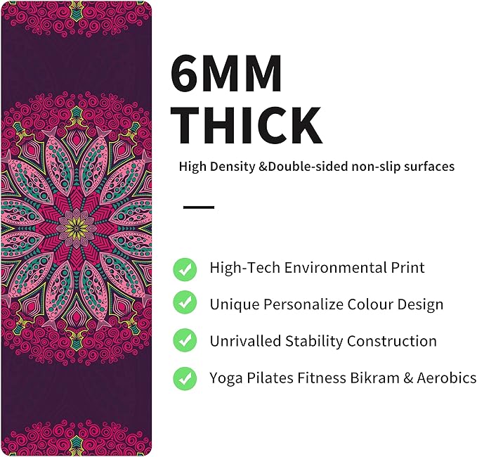 nuveti Yoga Mat Print Extra Thick TPE Non Slip Fitness Exercise Mat with Carrying Bag,72"x24" Extra Thick 6MM Exercise & Workout Mat for Yoga, Pilates Fitness and Floor Exercises