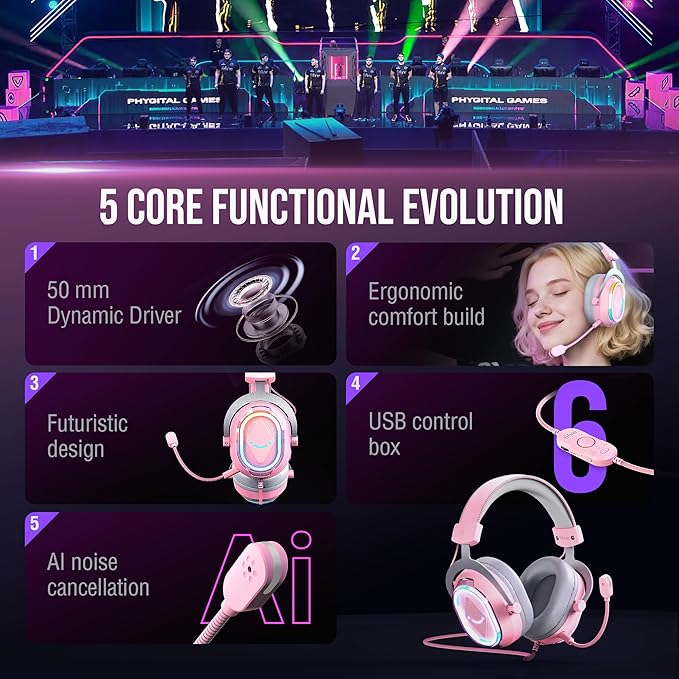 FIFINE Wired RGB Gaming Headset, PC Over-Ear Streaming Headset with USB, 7.1 Surround Sound, Noise-Cancelling Mic, Soft Ear Pads, 4 EQ Modes for PC, Laptop, Mac, PS4, PS5 - AmpliGame H13P (Pink)
