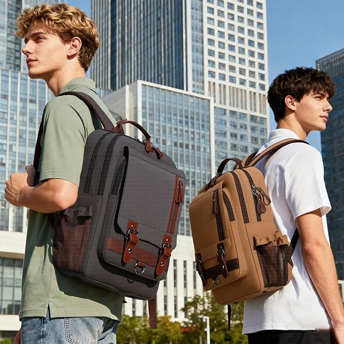 Lanola Water-resistant Canvas Backpack with Anti-Theft Pocket, Daypacks Fits 15.6 Inch Laptop for Men Perfect for Work, Travel, Daily Use (Coffee)