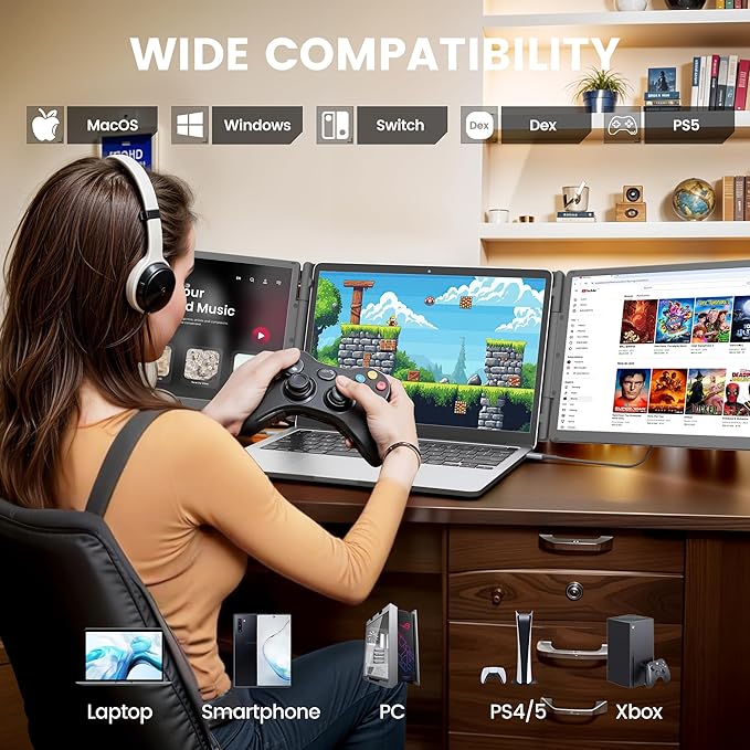 15.6" Laptop Screen Extender, Includes Power Bank, FHD 1080P IPS Triple Laptop Monitor Extender for 13-17" Laptops, Plug & Play with HDMI/USB-A/TYPE-C/Hub, Compatible with Windows, Mac, Android