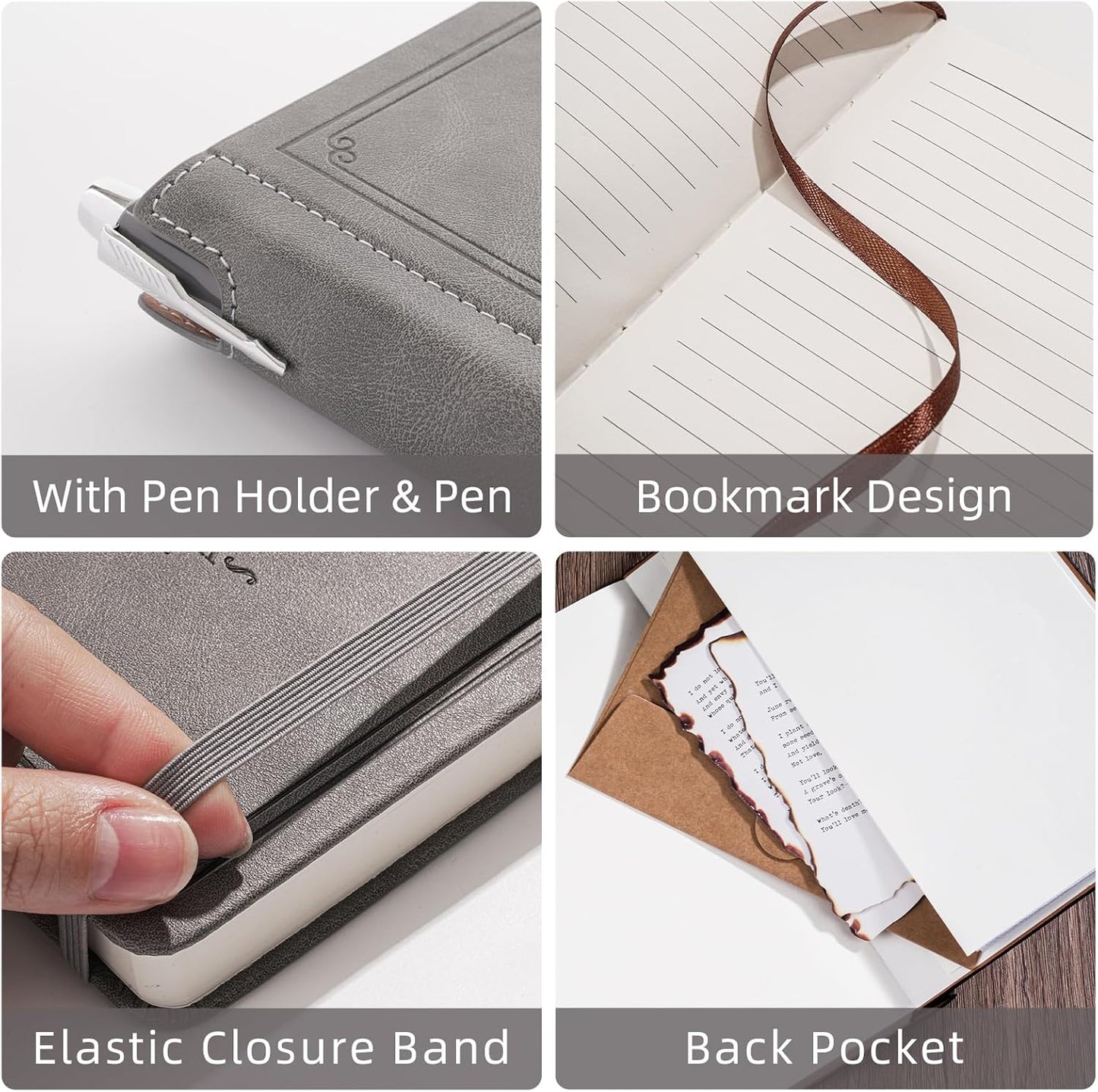 Lined Notebook Journal for Women Men 320 Pages A5 Hardcover Leather with Pen Holder College Ruled Journals for Work Note Taking Travel School Gray