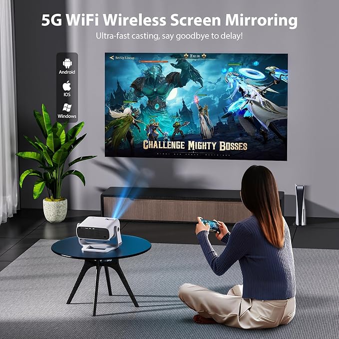 Smart Projector with WiFi 6 and Bluetooth Built-in Apps - 4K Support Portable Bedroom Mini Projector Native 1080P , 2025 New Auto Keystone & Zoom Home Theater Cinema Movie Proyector, 120° Stand