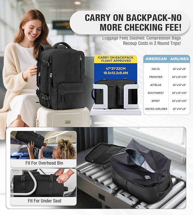 VECAVE Vacuum Backpack Travel with Pump for Women, Personal Item Carry on Backpacks Flight Approved for Men,Laptop Waterproof Work Compression bags Casual Daypack Black