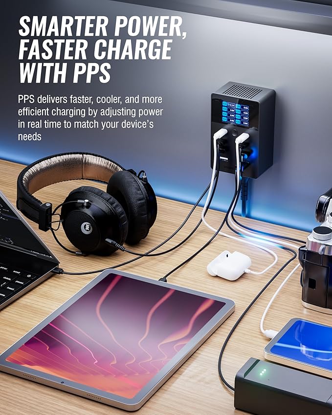 SABRENT 252W USB Charger – 8-Port Charging Station with USB-C 100W PD & USB-A Fast Charging, LCD Display, PPS, Compact Travel Design for Laptops, Phones, Tablets, Gaming Devices (AX-8PTC)