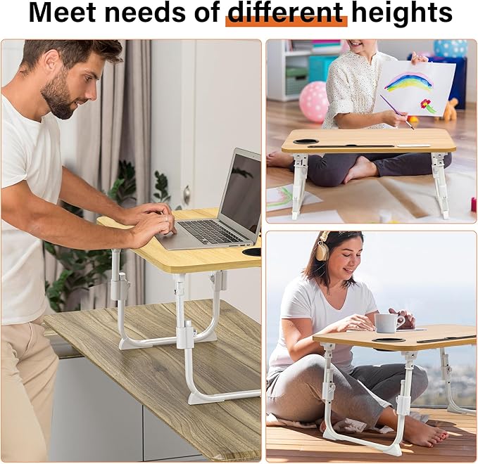 Laptop Bed Desk Height Adjustable, Bed Laptop Table with USB/Storage Drawer/Cup Holder/Tablet Stand/Book Shelf, Foldable Breakfast Tray Portable for Reading Writing, Bed, Sofa & Floor, Wood