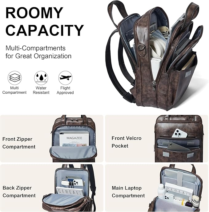 Shrrie Laptop Backpack for Women and Men, 15.6 Inch Vegan Leather Computer Backpack Professional Water-Resistant Casual Daypack for Work Business College Travel Office,Two-toned Coffee