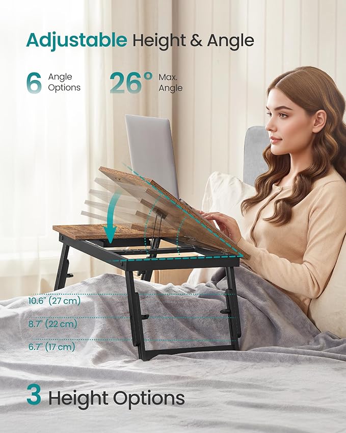 SONGMICS Bed Laptop Desk, Folding Bed Tray for Laptop up to 15.6 Inches, Adjustable Angle and Height, Portable for Working Reading Writing Breakfast, Bamboo Legs, Drawer, Rustic Brown ULLD105B01