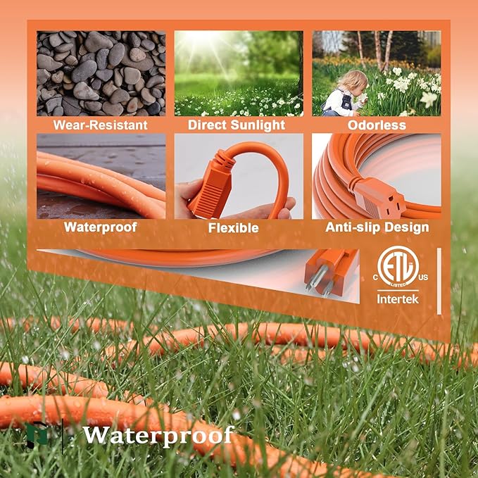PLUGTUL 12/3 Outdoor Extension Cord 15 FT Waterproof, Heavy Duty 12 Gauge SJTW Extension Cord, 15A 1875W, ETL Listed, Great for Garden and Home, Orange