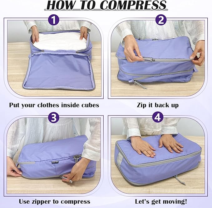 Large Compression Packing Cubes for Travel, 2 Set Compression Bags Travel Cubes for Packing Suitcase Organizer Luggage Organizer Bags Set, Purple