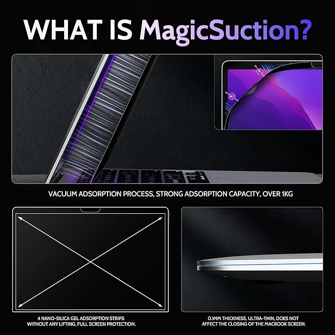 Privacy Screen for MacBook Pro 13 In (2016-2022, M1, M2) & MacBook Air 13 Inch (2018-2021, M1), MagicSuction™ Removable Anti Spy Black Protector, Glare Blue Light Filter for Mac Laptop Computer