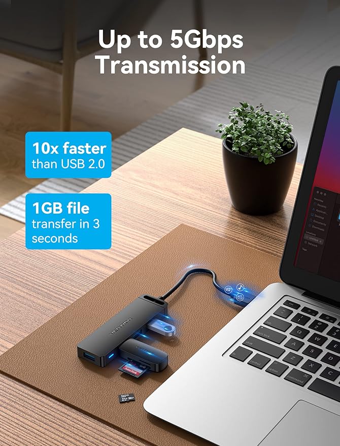 VENTION USB 3.0 Hub for Laptop- Multi USB Port Splitter, Ultra-Slim USB Extender Adapter, 4 Ports Fast Data Transfer for Laptop, MacBook, Printer, PS4, PC, Flash Drive, HDD, Wireless Mouse/Keyboard