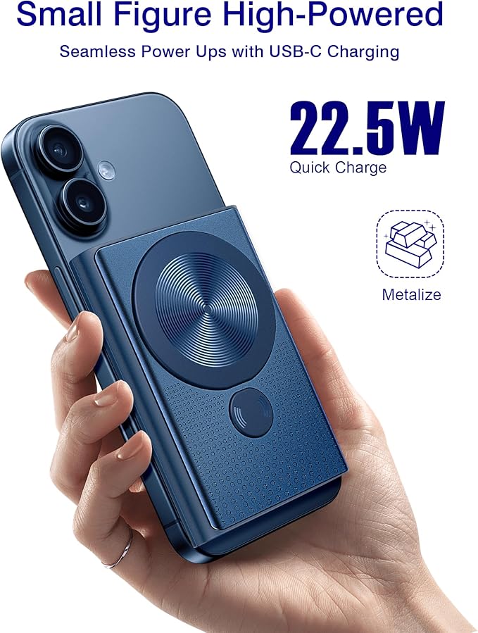 Kesguar Magnetic Portable Charger, 10000mAh 22.5W PD Super Fast Charging Wireless Power Bank. Ultra-Strong Magnet, USB C in&Out Battery Pack for Magsafe, iPhone 17/16/15/13/12 Pro Series, Dark Blue