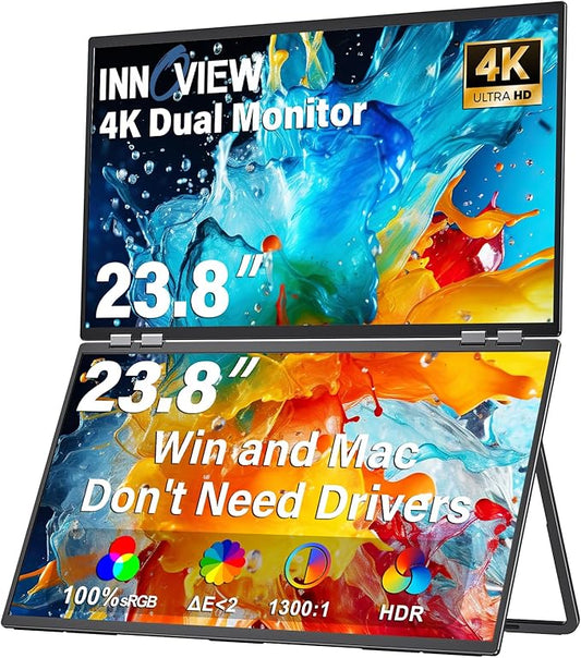 InnoView 23.8" 4K Dual Mnonitor Built-in Speakers UHD 3840x2160 Dual Screen Monitor 100% sRGB 315°Adjustable Foldable Monitor for Laptop MacBook Windows with DP Type-C HDMI (No Driver Needed)