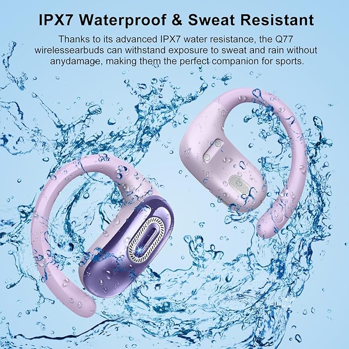 Open Ear Headphones, Bluetooth 5.4 Earbuds, 50H, Air Conduction Ear buds, HD Stereo Bass Over Ear Earphones with Earhooks, Ultra-Comfort Secure, IPX7 Waterproof Headset for Working Sports, Purple