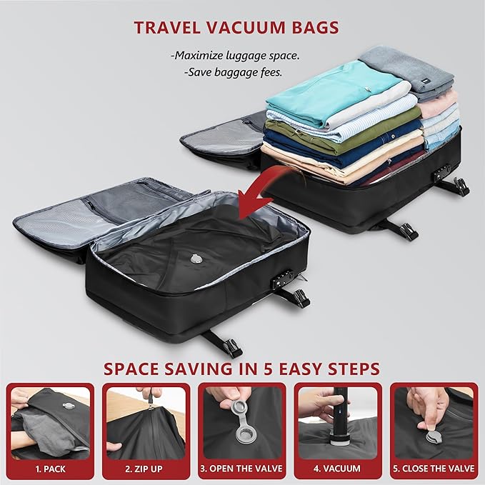 SUOCO Travel Pack Vacuum Kit, Travel Vacuum Bags with Wireless Electric Pump, Clothing Compression Packing Cubes for Carry-On Luggage Backpack Suitcase, 1 Small/1 Large