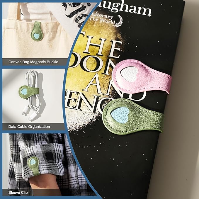 2Pcs Magnetic Leather Bookmarks with Gift Box, Magnetic Pen Holder Book Marks Clip Gift for Book Lover Readers Men Women Teachers Students, Heart (Pink+Green)