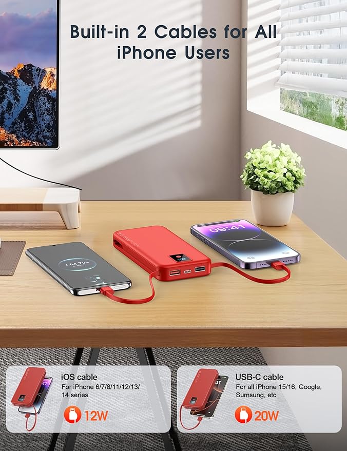 Portable Charger, 12000mAh 22.5W Fast Charging Power Bank with Built-in Cables & Wall Plug, Travel Essential Battery Pack with LED Display, USB C Battery Phone Charger for iPhone, iPad, Samsung Red