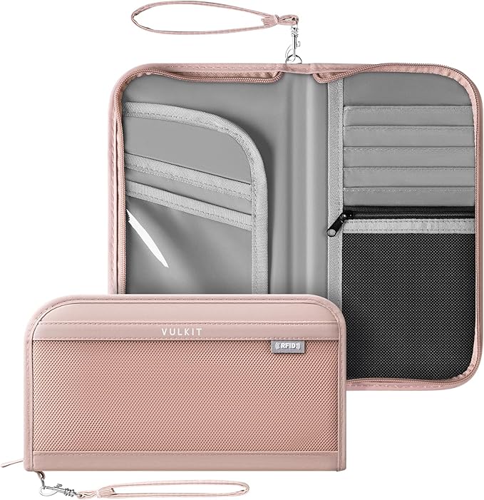 VULKIT Passport Wallet Passport Family Holder RFID Blocking Travel Card Organizer with Wrist Strap for Men or Women(Pink)