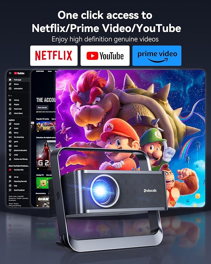 [Native 1080P & Official Licensed Apps] Polocsh 4K Projector with WIFI 6 and Bluetooth1500ANSI Smart Projector with Auto Keystone Protable Projectors Home Movie Outdoor Mini Proyector (Steel Gray)