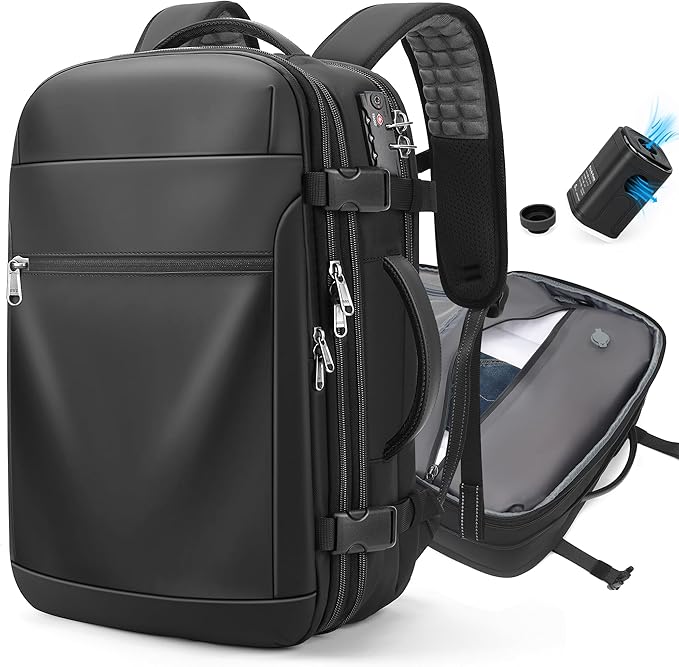 Vacuum Backpack Travel – Expandable Compression Carry On Backpack with Vacuum Pump, Water-Resistant TSA Lock Travel Bag, 17" Laptop Backpack for Men Women, Business Airplane Flight Luggage, Black