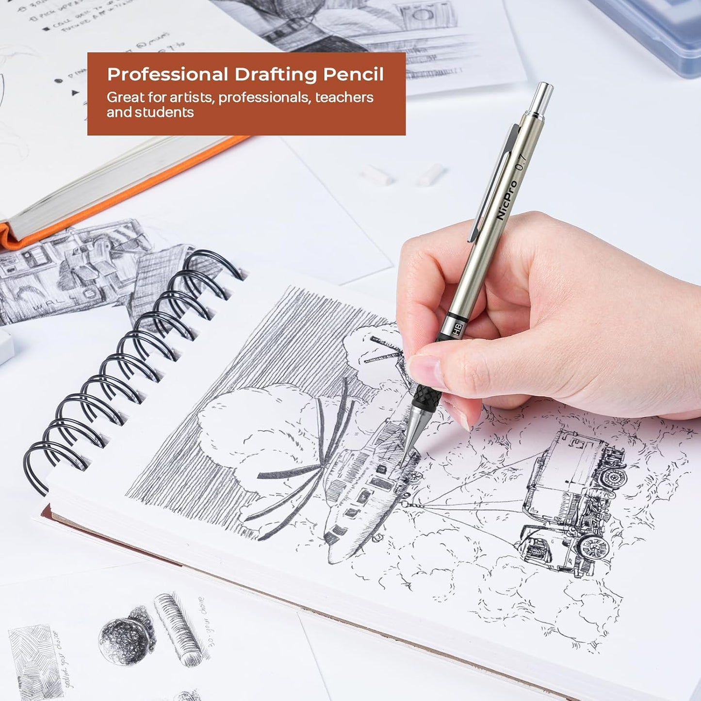 Nicpro 0.7 mm Art Mechanical Pencil Set in Storage Case, 3 PCS Metal Drafting Pencil Lead Pencil with 6 Tube HB Lead Refills, 3 Erasers, 9 PCS Eraser Refills for Artist Writing, Drawing, Sketching