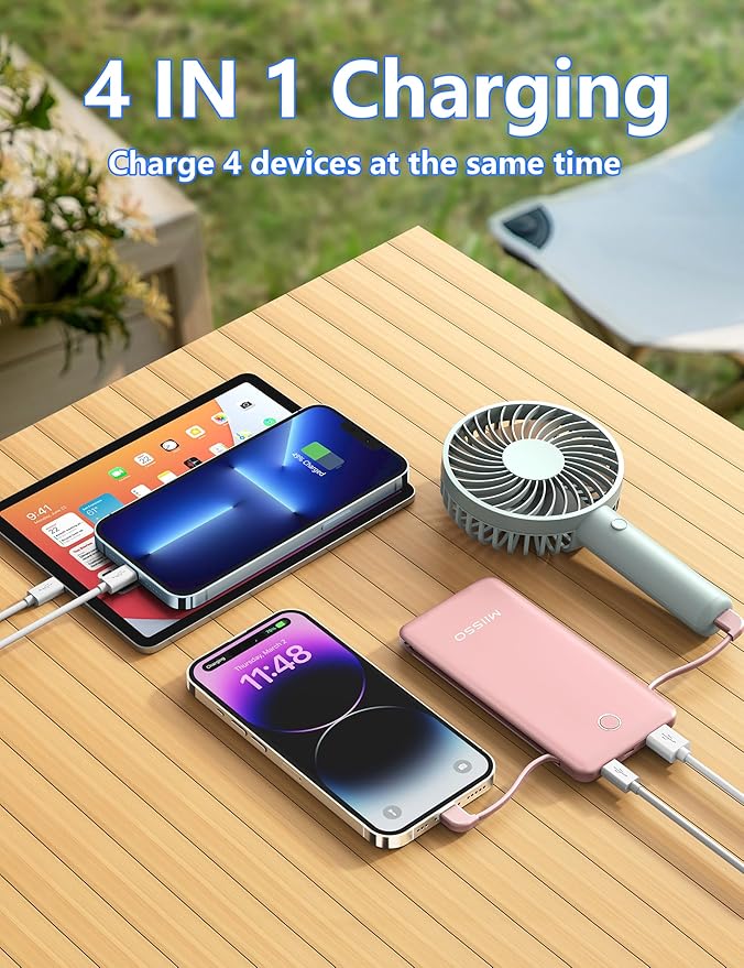 miisso 10000mAh Slim Portable Charger with Built in Cable, Power Bank Travel Charger External Battery Pack for Phone, 4 Output USB Type C Cord Clutch Charger Compatible with iPhone, Light Pink‌