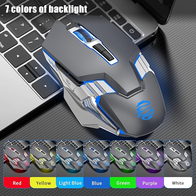 Bluetooth Mouse, Wireless Gaming Mouse with 800mAh Rechargeable Battery, 3 Modes(BT5.0/3.0+2.4G), 7 Buttons, Ergonomic RGB Light up Computer Mouse for Laptop/PC/iPad/Tablet/Mac/Office/Games - Grey