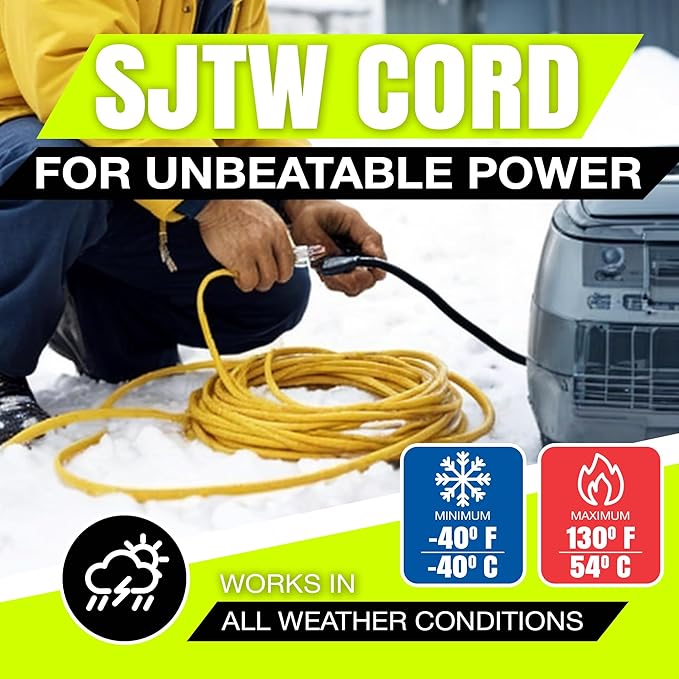 100ft Outdoor/Indoor Extension Cord 10/3 Gauge Ultra Heavy Duty 3 Prong SJTW, Waterproof, Flexible Cold-Resistant Long Power Cord,15A 125V 1875W, Yellow by LifeSupplyUSA