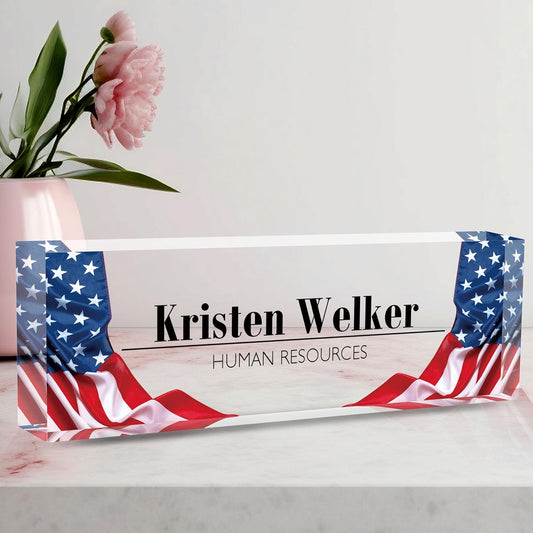 Name Plate for Desk, Desk Name Plate Personalized Office Desk Decor for Women Men, Acrylic Desk Accessories with US Flag, The Office Gifts Employee Appreciation Gifts for Boss, Manager, Teacher, Nurse