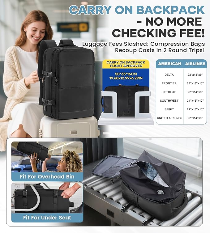 Vacuum Travel Backpack with Pump for Women, Personal Item Carry on Backpacks Flight Approved 18x14x8 inches for Men,Laptop Waterproof Work Compression bags Casual Daypack,Black.