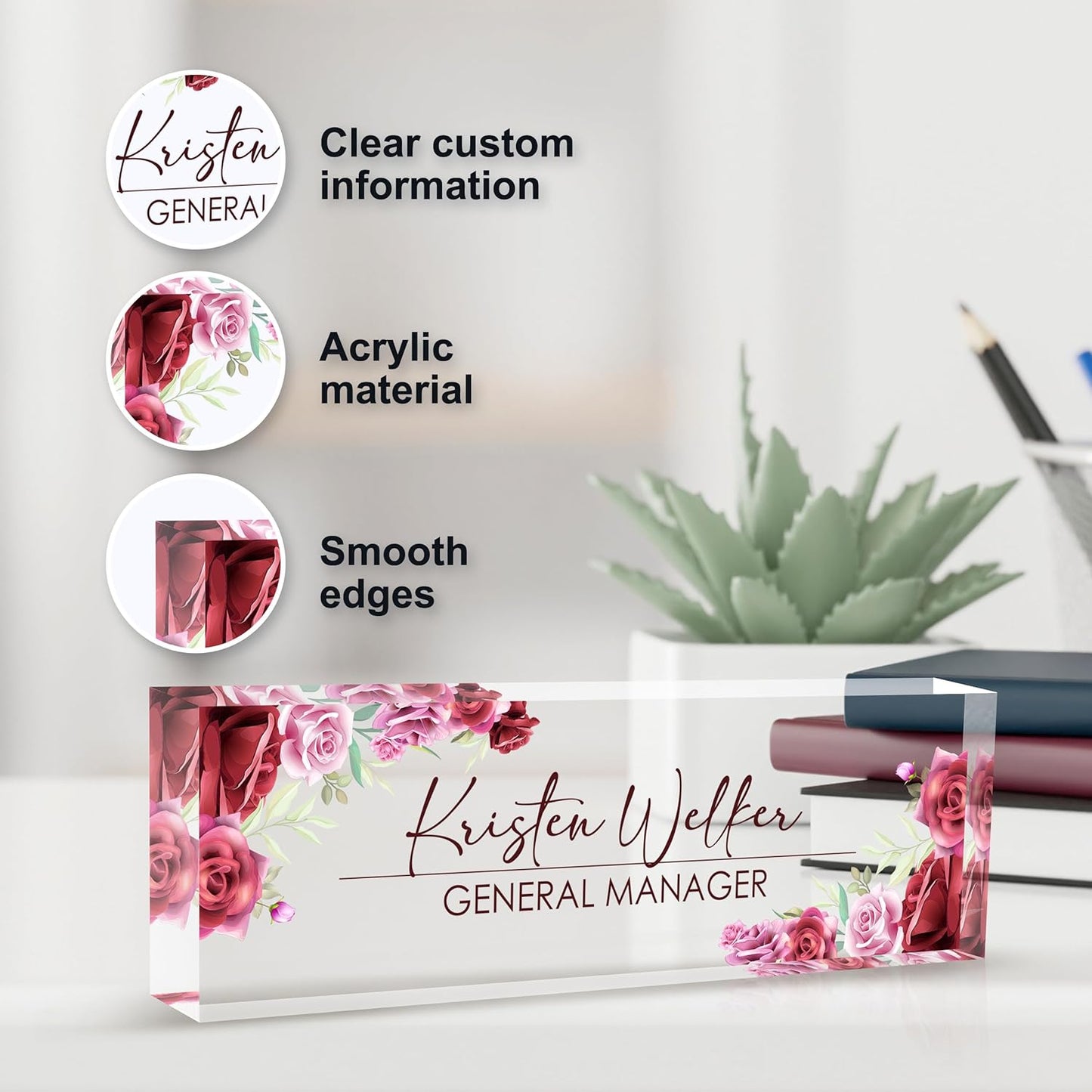 Personalized Name Plate for Desk, Custom Desk Name Plate, Acrylic Name Plate Office Desk Accessories, Personalized Office Gifts for Coworkers Teachers, Employee Appreciation Gifts (A-Rose)