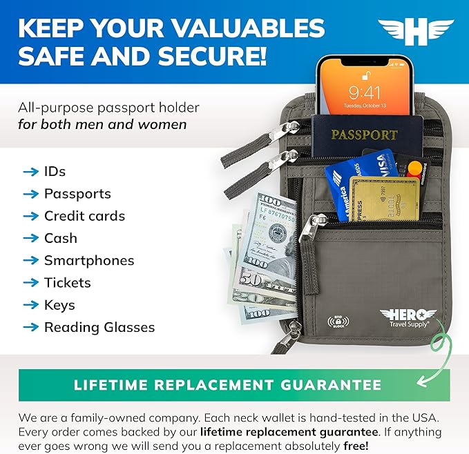 HERO Neck Wallet, RFID Blocking Passport Holder, Easy to Conceal Travel Pouch