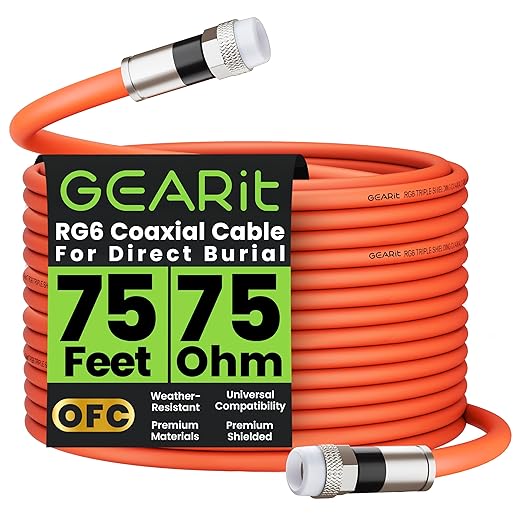 GEARit Coaxial Cable for Direct Burial (75ft) RG6 70 Ohm RF Rubber Boot Waterproof Underground in-Wall with Rubber Boot, High-Speed Internet, Broadband, Digital TV Aerial, Satellite Cable 75 Feet