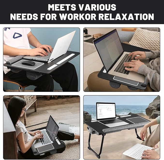Lap Desk Bed Desk,17In Foldable Laptop Bed Tray Table with Mouse Pad,Wrist Rest and Adjustable Dual Cushion, Portable Wood Laptop Stand for Bed Sofa,Multifunctional Slot for Tablet & Phone