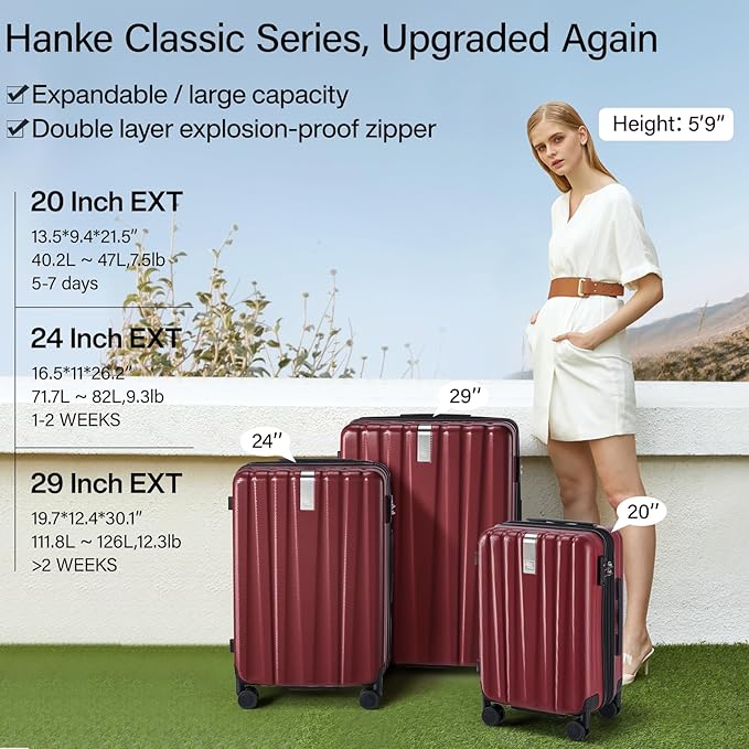 Hanke Expandable Hardshell Luggage Sets 3 piece Carry On Luggage with Wheels Suitcases Lightweight Checked Tsa Luggage Rolling Large Suitcase Travel Luggage Bag Woman Men 20/24/29 Inch(Burgundy)
