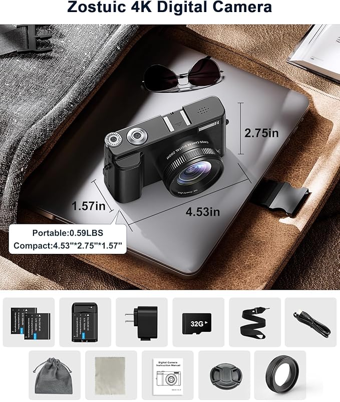 4K Digital Camera for Photography and Video, Autofocus Anti-Shake 48MP Vlogging Camera for YouTube, 3'' 180°Flip Screen Camera with Flash 16X Zoom, Digital Camera with 32GB Card Battery Charger Black