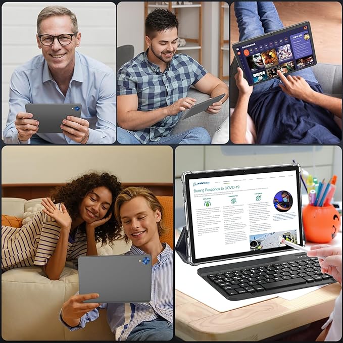 Android 15 Tablet with Keyboard, 26GB+256GB(2TB Expand), 10.1 Inch Tablet 8000 mAh Battery, BT 5.0, 5G WiFi, Widevine L1, Dual Camera, 2 in 1 Tab with Mouse, Case, Stylus（Silver）