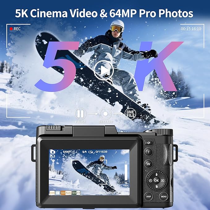 Digital Camera 5K, 64MP Cameras for Photography, YouTube Vlogging, 18X Zoom UHD Autofocus Compact Point and Shoot Flip Screen Camera with 64GB SD Card, 2 Batteries, Small Photo Camera for Kids, Teen