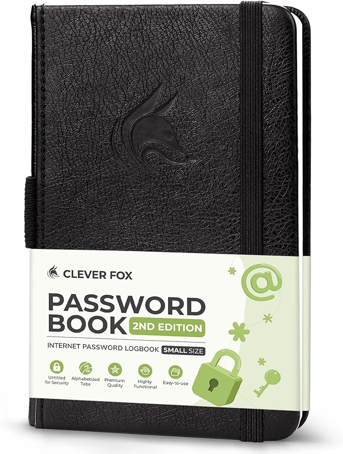 Clever Fox Password Book 2nd Edition Small – Pocket Password Keeper with Alphabetical Tabs – Internet Address Notebook & Login Details Organizer Journal – 3.5x5.6” (Black)