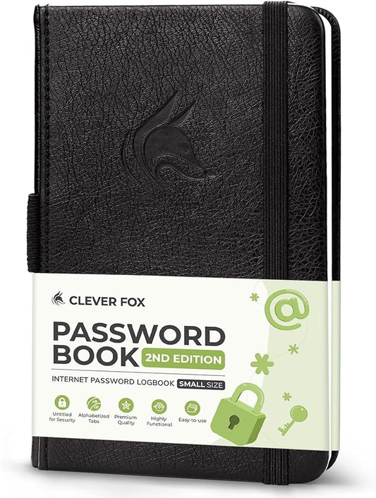 Clever Fox Password Book 2nd Edition Small – Pocket Password Keeper with Alphabetical Tabs – Internet Address Notebook & Login Details Organizer Journal – 3.5x5.6” (Black)