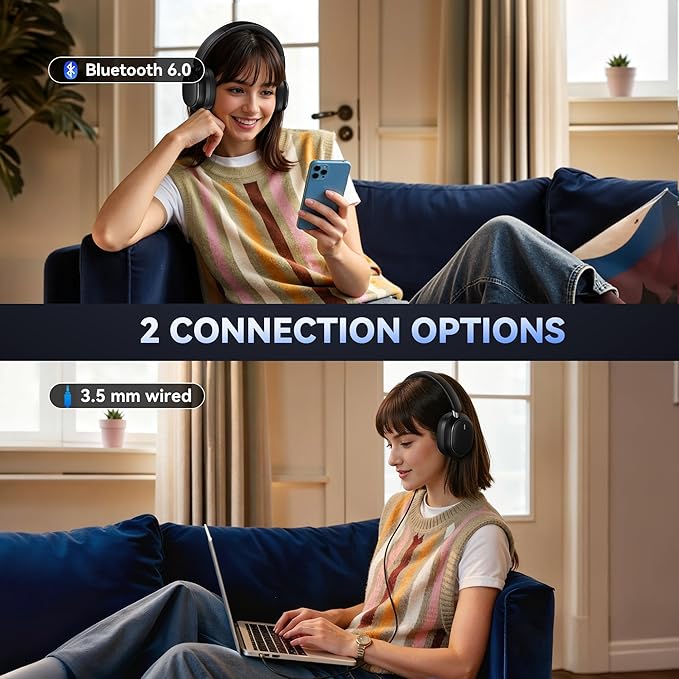 Hybrid Active Noise Cancelling Headphones, Over Ear Bluetooth 6.0 Wireless Headphones, 50H Playtime, Deep Bass, HiFi Stereo Sound, Lightweight Foldable for Travel, Home and Office（Black）