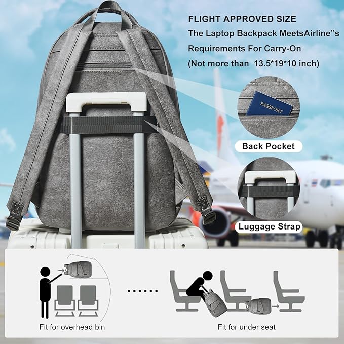 43L Backpack for Women Men - Vegan Leather Backpack Purse Travel Carry-on Bag College Bookbag Work fits 17" Laptop,DimGray