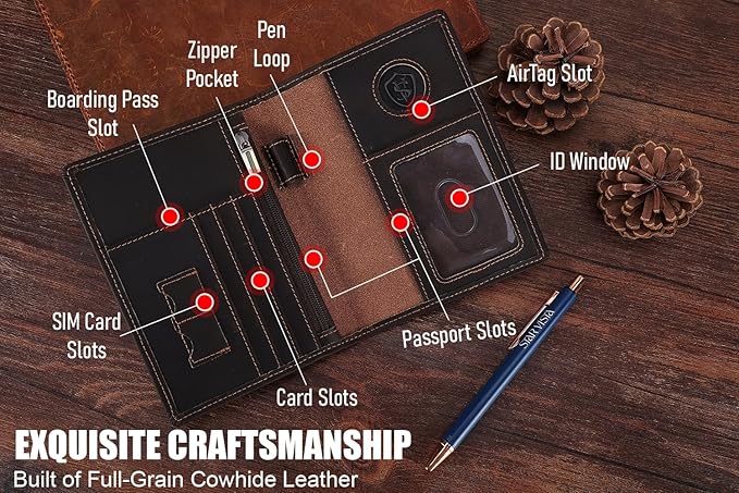 STAR VISTA Phoenix Leather Passport Holder, Cowhide Leather Travel Wallet - RFID Blocking, ID Window, Zipper Pocket, Pen & Notebook Included, AirTag Holder, Dark Chocolate