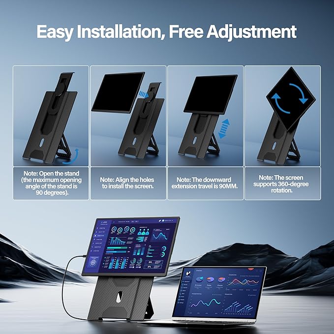 Laptop Screen Extender 16.1", 1920 * 1200 Portable Monitor with Detachable Frameless Display- 360° Rotatable Magnetic Stand, Dual Screen Plug & Play, Extra Monitor for Windows/Mac/Linux/Android