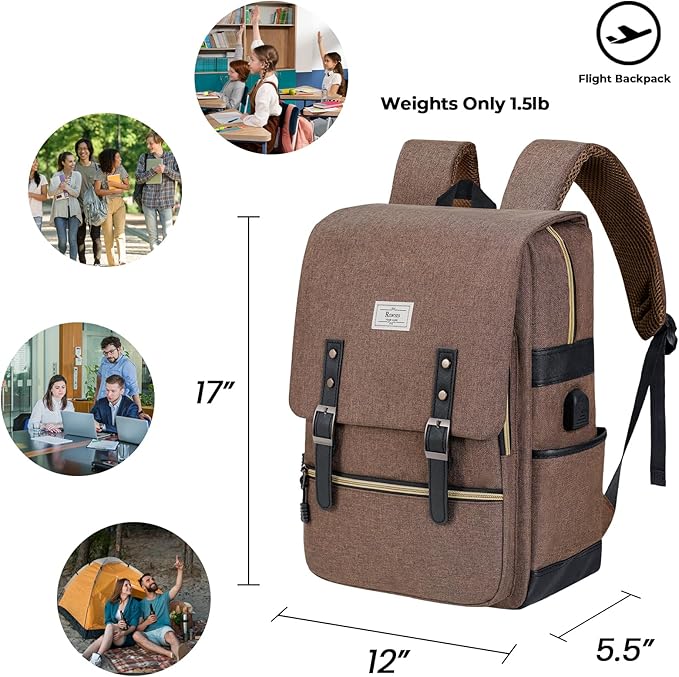 Ronyes Vintage Laptop Backpack for Women Men,15.6 inch Bookbag Casual Daypack with USB Charging Port for College Work, Brown Backpacks