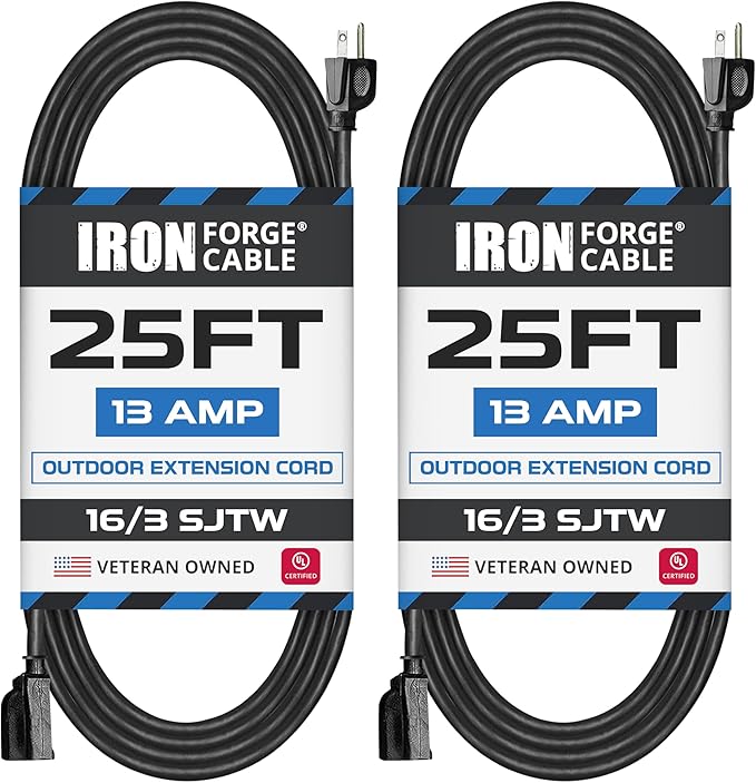 Iron Forge Cable 2 Pack 25 Ft Black Extension Cord, 16/3, 25 Foot Extension Cord, 3 Prong, Weatherproof - Great for Outside Use