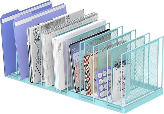 9-Section Desk File Organizer, Vertical File Holder, Mesh Desktop File Folder Metal File Organizer Stand for Office Home Classroom, Blue